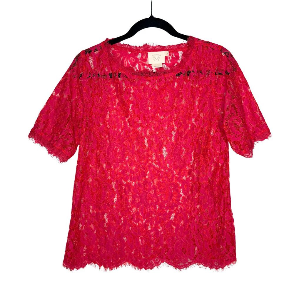 Vanessa Virginia Anthropologie Elysian Floral Lace Short Sleeve Top Small Red - Picture 1 of 8